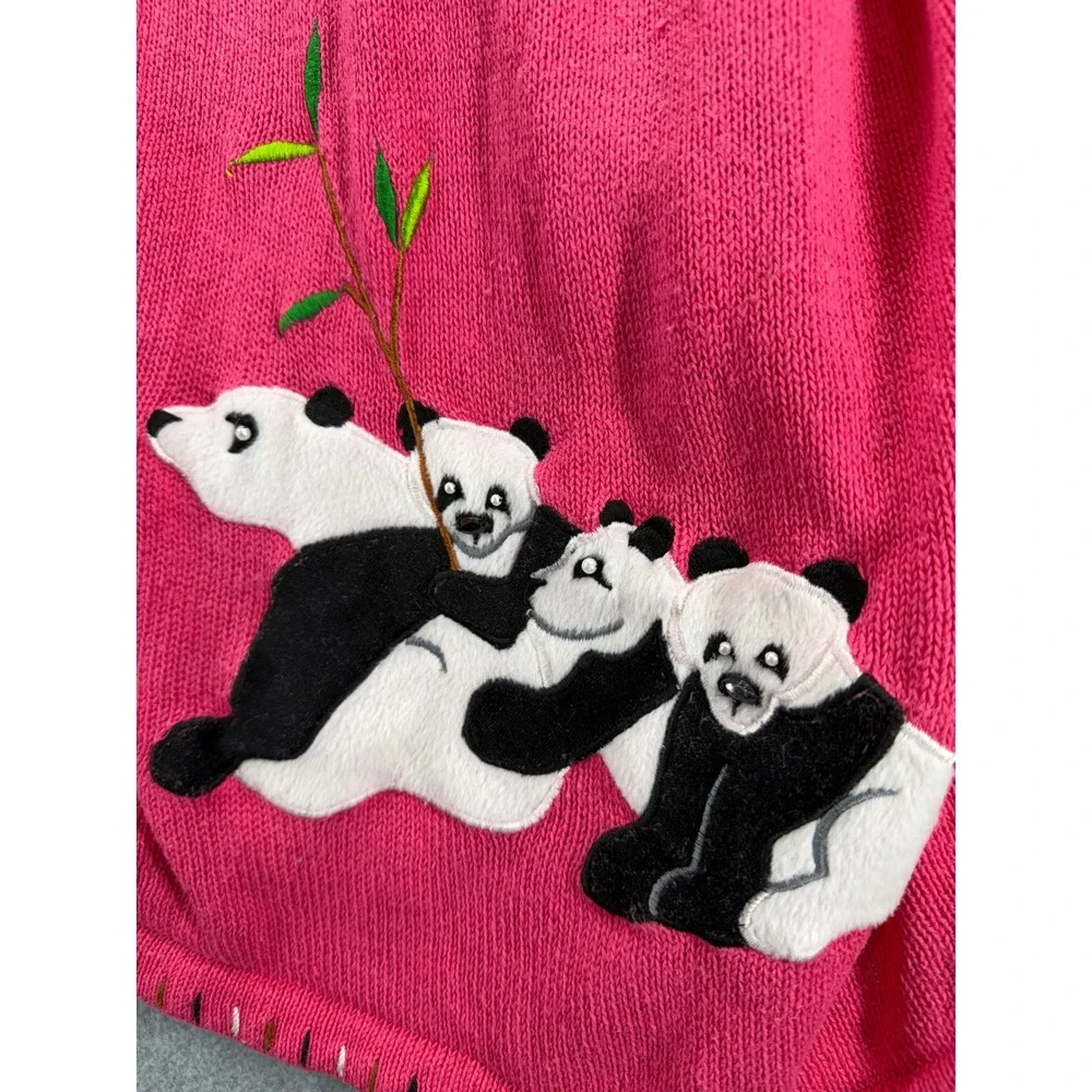 Quacker Factory Panda Cardigan 1X Pink Embroidered Applique Ramie